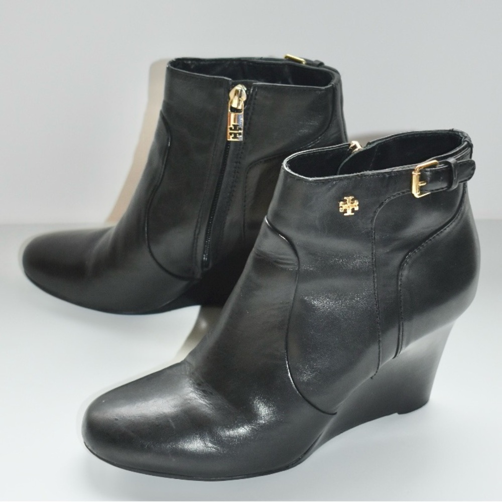 TORY BURCH Black Leather Wedge Ankle Boots